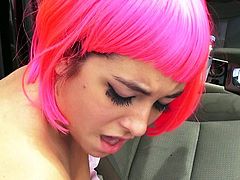 Cosplayer with a pink wig and a great ass got into a car with a stranger. She said that shes there just to give him a blow job. But, things get heated and something else happens, as well