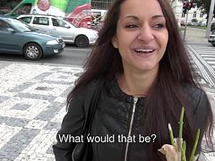 Long haired amateur brunette Lili Devil goes topless in a public place for cash. Guy with camera in hand touches her nice natural boobs. Her lovely tanlined breasts turn him on .