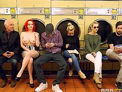Picking up this day to wash his clothes, seems the best choice this guy ever made! See his face expression, when he goes to the public laundry and gets turned on by a sexy redhead. Jasmine took off her bra and bikini. The hot image of her big boobs and crazy ass is priceless! Watch this slut fucked from behind.