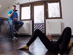 Flexible bespectacled brunette Carolina Abril in tight fit black leggings does yoga exercises on the floor in front of curious dude and then sucks his rod from your point of view.