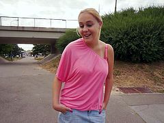 Cute amateur blonde Paris Sweet in blue mini-skirt hides her juicy big titties under her pink blouse. But as many other girls she is ready to show her assets for some cash. Wanna see her boobs