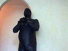 Catsuit, gloves, boots, spandex hood, padlocked cuffs collar