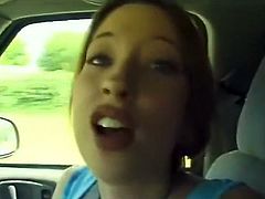 Light haired kinky GF sucks cock of her BF when he rides a car