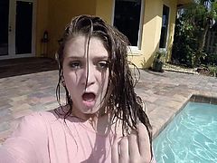 If you are a fan of uninhibited naughty teens, click to meet slutty Jojo Kiss, a horny amateur, who is thrilled to please her partner and play dirty games, even out in the open. She looks very hot, with her wet pink blouse and wet long hair. See her sucking dick and riding it.