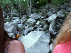 Ally and her friend are dick hungry sluts from Europe. They bare their natural tits and round asses then get face fucked side by side in the open place. Watch them gag on cocks in outdoor foursome.