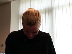 Blonde Sophie Moone strips down to her bare skin and masturbates on cam