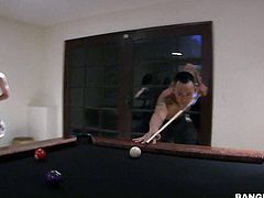 Asian guy gets turned on to the point of no return by three sexy chicks Candace Cage, Bailey Lane and Dylan Riley. They suck and rub his exotic dick after playing a game of pool all together.