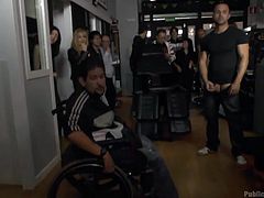 Xavi was wronged by Brenda and he knows exactly, how to avenge her. He calls some of his friends and Brenda is there too. He tied her up in a public toilet in such way, that her pussy is spread wide and she can't bring her legs close together. Then Xavi fucks her in her shaven pussy.