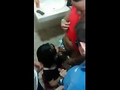 Brazilian Slut Sucks 3 Cocks in Toilet