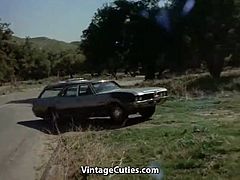 Busty Hitchhiker Girl Riding on Cock in Woods (Vintage)