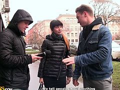 Katerina is approached by these two guys, who shower her with compliments on her beauty (as if she didn't already know she was fine). They also offer her money to go somewhere with them and do sexual things. How much did they give her to get naked with them? Watch and see how much and how far she goes.
