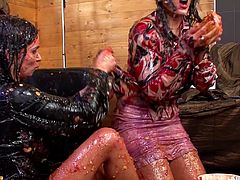 Raunchy and cute lesbians get wild and messy in this naughty fight with food