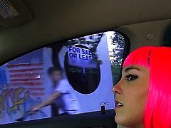 Cosplay girl Natalie Monroe flashes her natural tits in a  car then gives car blowjob and bares her bottom. She gets her tight vagina pounded from behind. Lucky dude bangs her tight hole POV style.