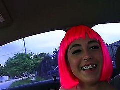 Cosplay girl Natalie Monroe flashes her natural tits in a  car then gives car blowjob and bares her bottom. She gets her tight vagina pounded from behind. Lucky dude bangs her tight hole POV style.