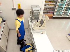 This guy comes into the convenience store for a quick snack, but little does he know, that the cashier is getting sucked off behind the counter. The female employee is sex crazed, and she needs to suck cock right now.
