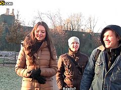 While walking on the street, slutty Gabriella is noticed by two horny guys, who cannot help themselves to ask her, to join them... Then take her in a more remote place, to have some privacy. Watch this brunette bitch, lifting up her blouse, to show her nice small boobs!
