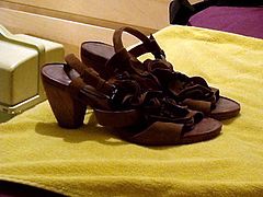 Cumming on girfriend's brown wedge sandals