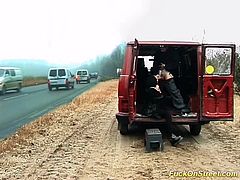 horny couple fucks wild on a big street with massive traffic