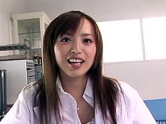 This hot Japanese nurse loves to watch guys jack off. This patient has come in to see, if she can help him feel better, so she lets him wank in front of her, while she rubs her sensitive nipples and shows off her sexy panties.