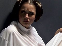 Naughty small titted brunette Allie Hazei white boots pulls her panties aside and rubs her wet pussy hard in Star Wars porn parody. She cant keep her hands off her hot twat.