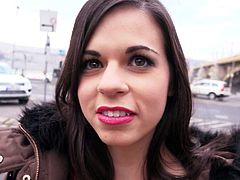 Sweet brunette Nekane in tight fit jeans flashes her lovely pussy in the street and bares her big titties in front of the camera. Shameless girl turns him on. She cant wait to fuck that chick.