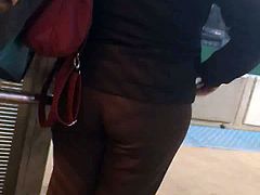 Big booty Latina milf in brown dress pants vpl