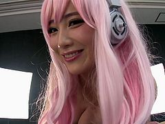 Mao is my hot cosplay chick, and she loves to pleasure me. Look at how amazing she is, when she has a pink wig and cute outfit on. Sliding all over me, made me nice and hard, but sticking my cock in between her supple tits, felt even better.