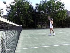This guy is filming Sara out at the tennis court, but he has no real interest in the game. Just seeing her body move and taking the opportunities available to touch, rub, or fondle her body in some way. They leave the court, but his game continues, finally getting his hands on her tits and squeezing.