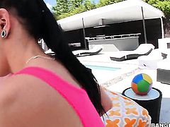 Brunette sweetie with juicy booty strokes the sperm out of cock