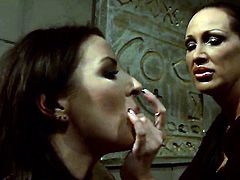 Brunette Mandy Bright with gigantic breasts and Maria Bellucci make lesbian love