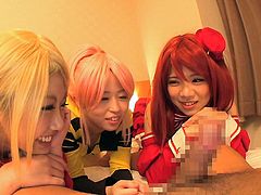 Many Japanese have a love for cosplay. You know fanboys would like to have the characters in a room and do sexual things with them, and sometimes their wishes come true. These giggling girls are dressed up like his favorite characters and watching him pleasure himself. He even gets some head from one.