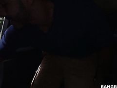 Brunette is giving a blow job