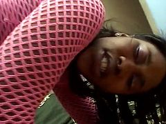 Naughty ebony sweetheart indulges in oral pleasure, as she sucks on her man's huge black penis. The cutie slurps all over it, before taking that massive member deep inside her pussyhole. What a skank she is!