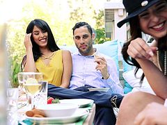Watch as these two guys double dates with their ladies by the jacuzzi, only to have their women kissing on each other. These two brunettes have crazy girl on girl fun and asks their bf's to join in the adventure, and experience the fun.