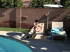 Vinnie sees that Micky has finished his task of cleaning the water, and since it's such a hot day out, he lets him in the house for some bonus pay. Well, actually it's some more service, as the handsome guy blows his employer.
