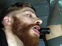 Zane is taped to the bottom of a table, with his dominant underneath it, teasing him and pleasing him. He even has duct tape over his mouth, to muffle his sounds. He gets his cock sucked really well, as you can tell by how hard it is!