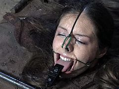 I had never saw such a perverted torture. Placed in a special box under the floor, which looks like a cage, Dee was brutally humiliated. Her nose and mouth were stretched with a special device, while her mouth was stuffed with a black dildo. She cannot withstand, as only her head is on the surface. Tough Domination!