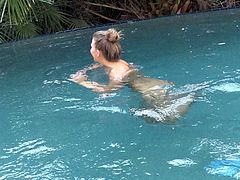 Most desirable senorita going full naked by the blue pool