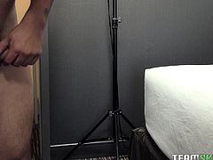 Slutty Gwen is eager to have fun in bed. You can see lust in her seductive regard, as she sensually touches that appetizing shaved cunt. Click to watch the busty teen, exposing her peachy pussy to the camera, sucking dick and getting fucked hard, from behind!