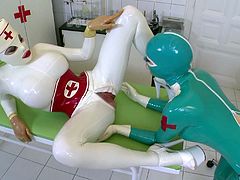 Latex medical fetish play with two ladies in catsuits
