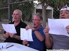 These three old dicks saved their money together and hired Bunny Baby for the evening of fun. They ordered her to suck their old wrinkled dicks and saggy balls, one after another. Then licked her fresh pink pussy, preparing it for further fucking and penetrated her wet hole together... Hot! Have fun!