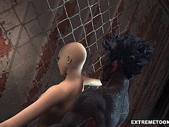 Stunning 3D cartoon babe with her head shaved totaly bald gets fucked outdoors by a horny monster