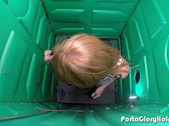 Porta Gloryhole redhead girl sucking cocks in public porta potty gloryhole