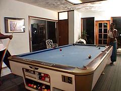 Ebony chick cunt and ass fucked on pool table