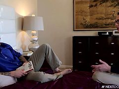 My stepdad Damien, caught me masturbating, while watching gay porn. I felt so embarrassed by the situation and went to explain myself. He was was so kind and understanding, that I had felt an instant urge to suck his cock...