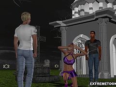 Gorgeous 3D cartoon babe having her tight asshole and wet pussy fucked at the same time in a graveyard