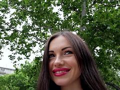 Sitting right next to this attractive babe is really a pleasure. Sasha is wearing a summer dress and sandals, and has matching polish nails and lips. The long-haired brunette agreed to let the persuasive guy undo the zipper on her dress. Watch details!