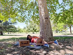Keisha is just lounging under the shade of a tree, wanting to relax and maybe, play with herself a little bit. She does until her boyfriend comes back, and she's ready to have that big black dick filling her pussy to the limit.