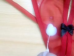 Cumshot on my girfriend's red panty