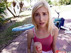 Piper is just out delivering her papers on her bicycle, when she took a spill. She cut her knee pretty bad, and Sean takes a look at it. He takes her in and gets her bandaged up, then sees about stuffing that hole between her legs.